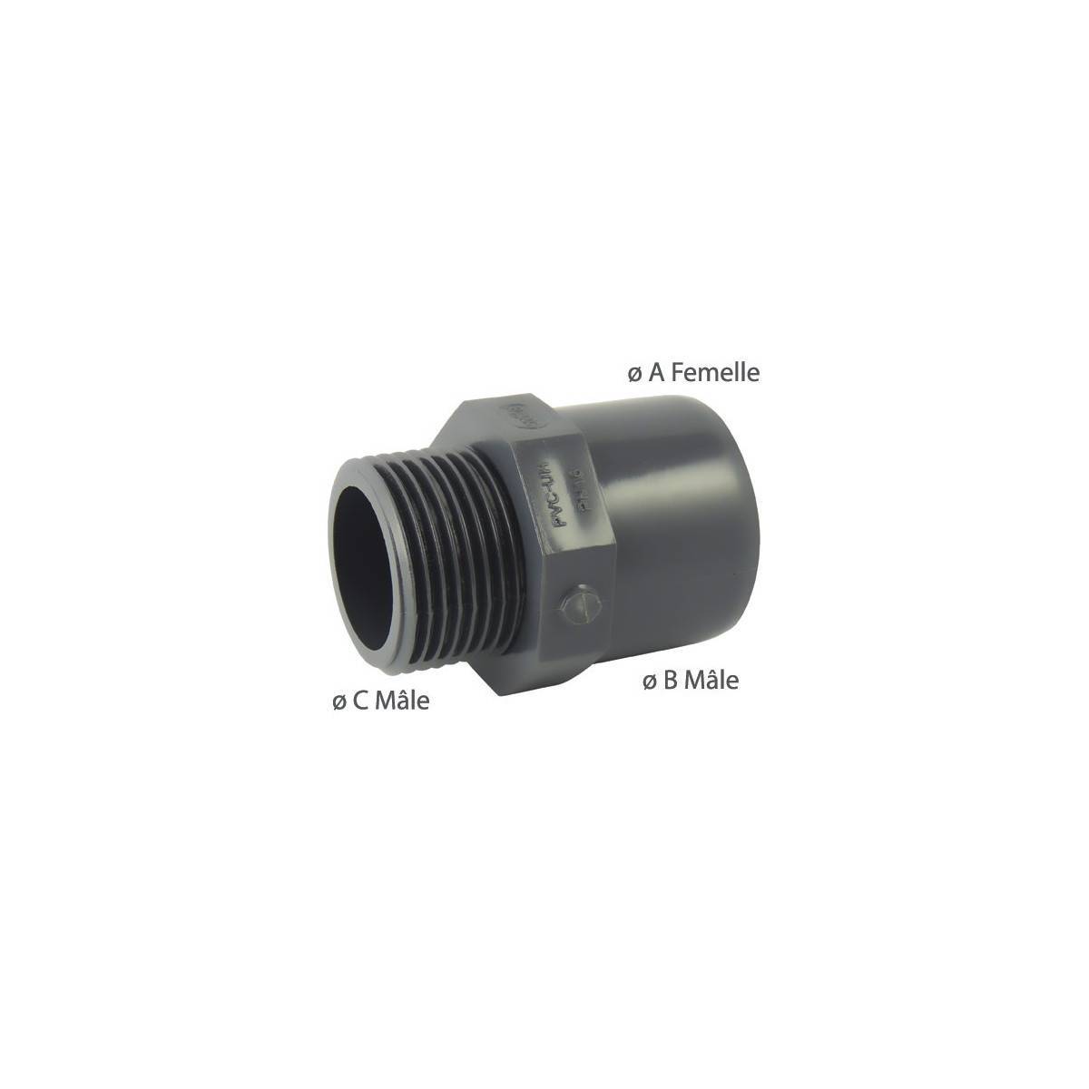 Codital - Adaptateur male / femelle ou male / male en PVC mixte à visser et à coller - Ø A: 25mm | Ø B: 32mm | Ø C : 1/2'' - Imagen 2