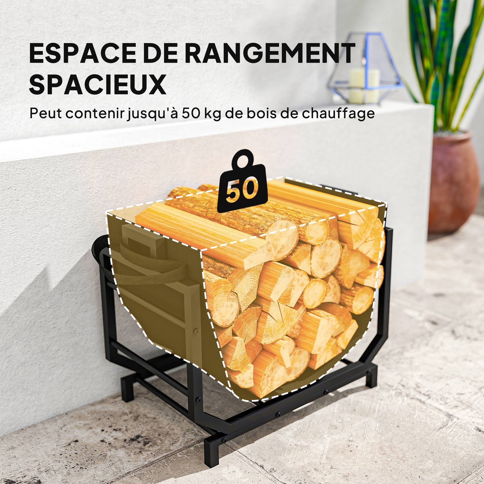 ComfortXL - Range-bûches en métal noir 53 x 33 x 43 cm avec sac Oxford amovible pour cheminée et transport du bois - Image 4