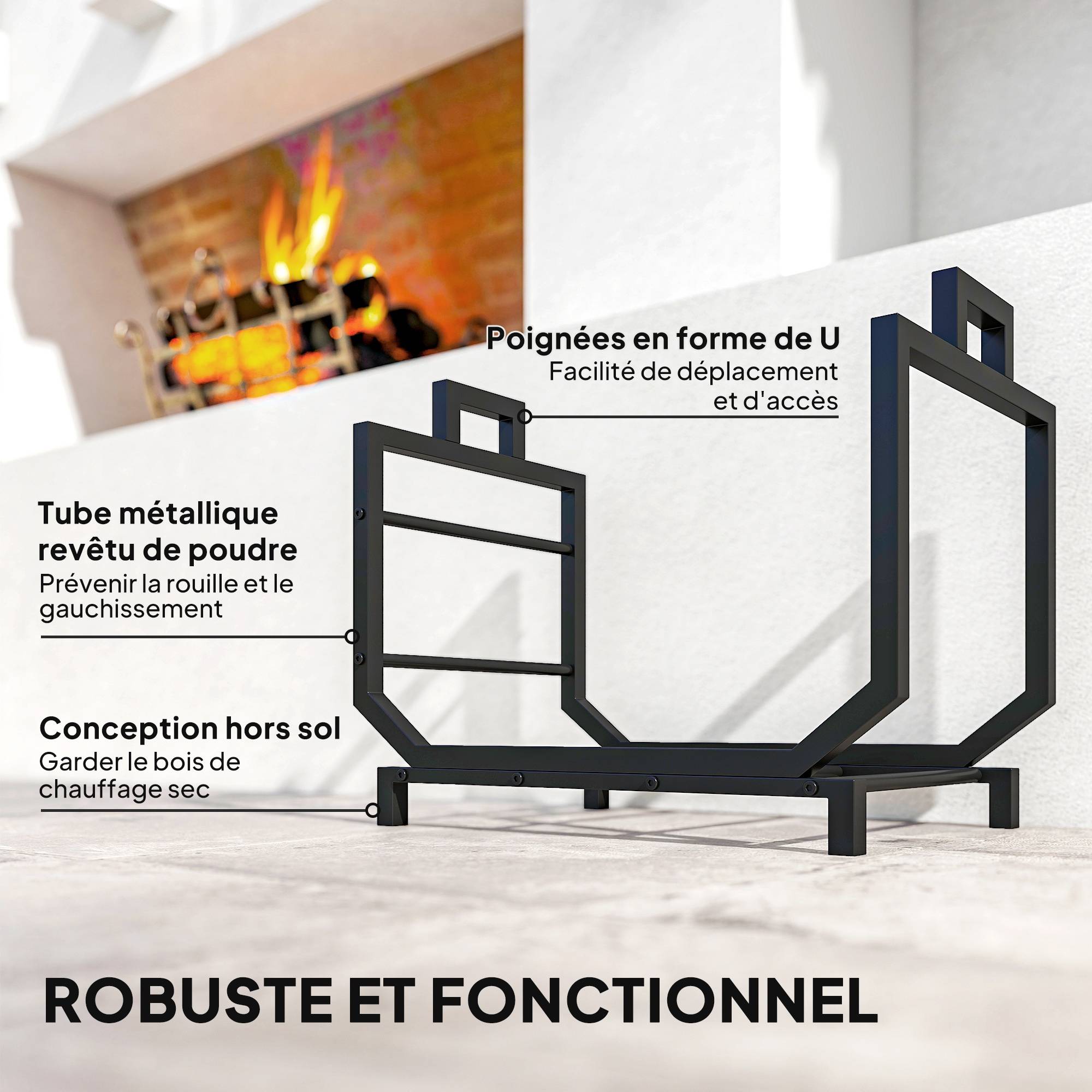 ComfortXL - Range-bûches en métal noir 53 x 33 x 43 cm avec sac Oxford amovible pour cheminée et transport du bois - Image 6