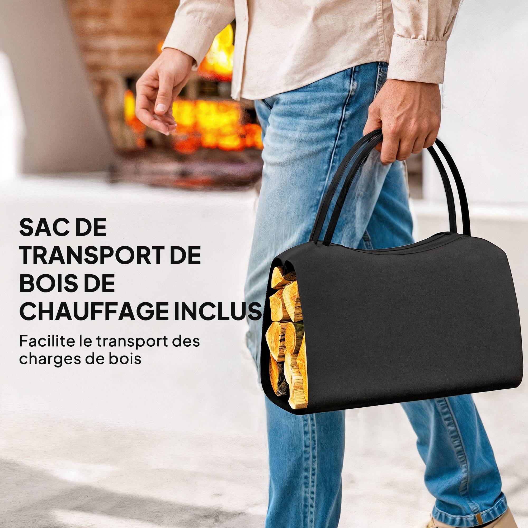 ComfortXL - Range-bûches en métal noir 53 x 33 x 43 cm avec sac Oxford amovible pour cheminée et transport du bois - Image 5
