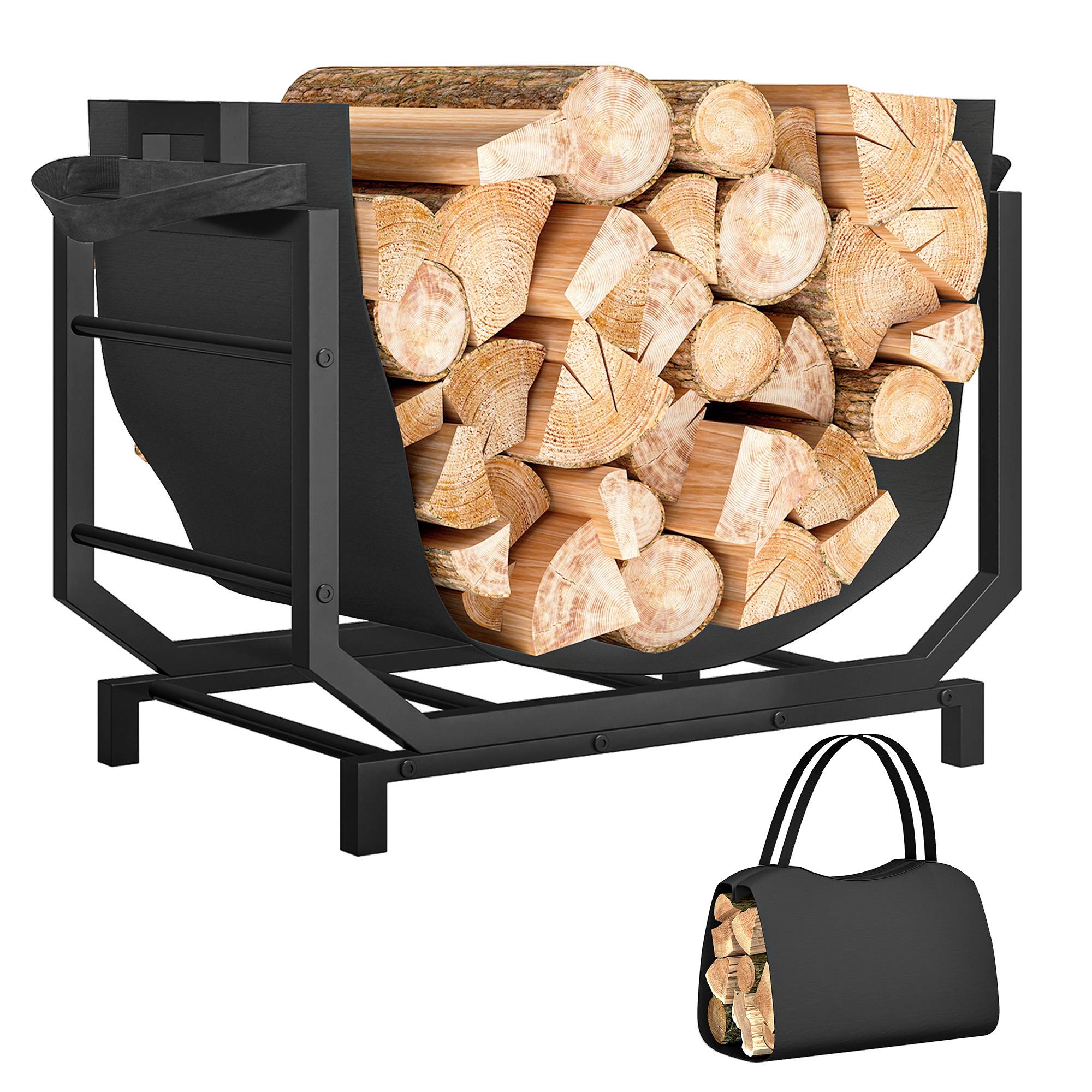 ComfortXL - Range-bûches en métal noir 53 x 33 x 43 cm avec sac Oxford amovible pour cheminée et transport du bois - Image 2