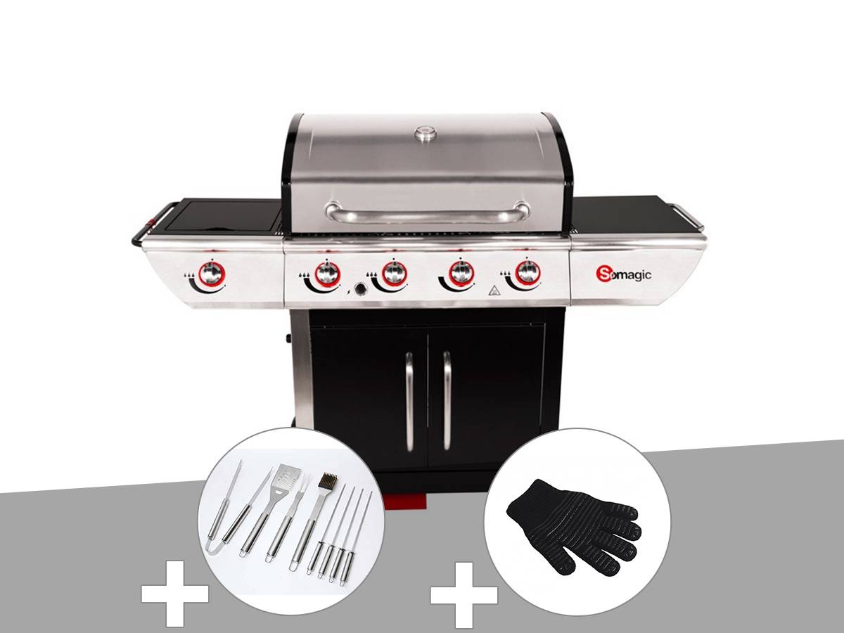 Somagic - Barbecue à gaz avec chariot Manhattan 450GPI + plancha + Malette de 8 accessoires inox + Gant de protection