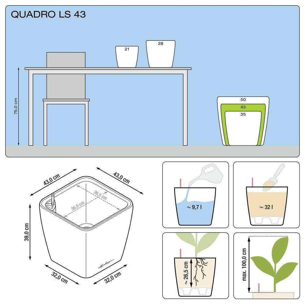 Lechuza - Pot Quadro Premium LS 43 - kit complet, taupe brillant 43 cm Lechuza - Imagen 2