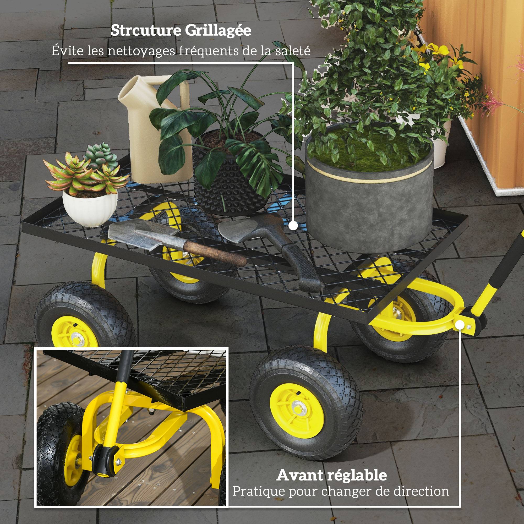 Chariot de jardin acier jaune 94 x 48.5 x 100 cm - PANGIVO - Image 8