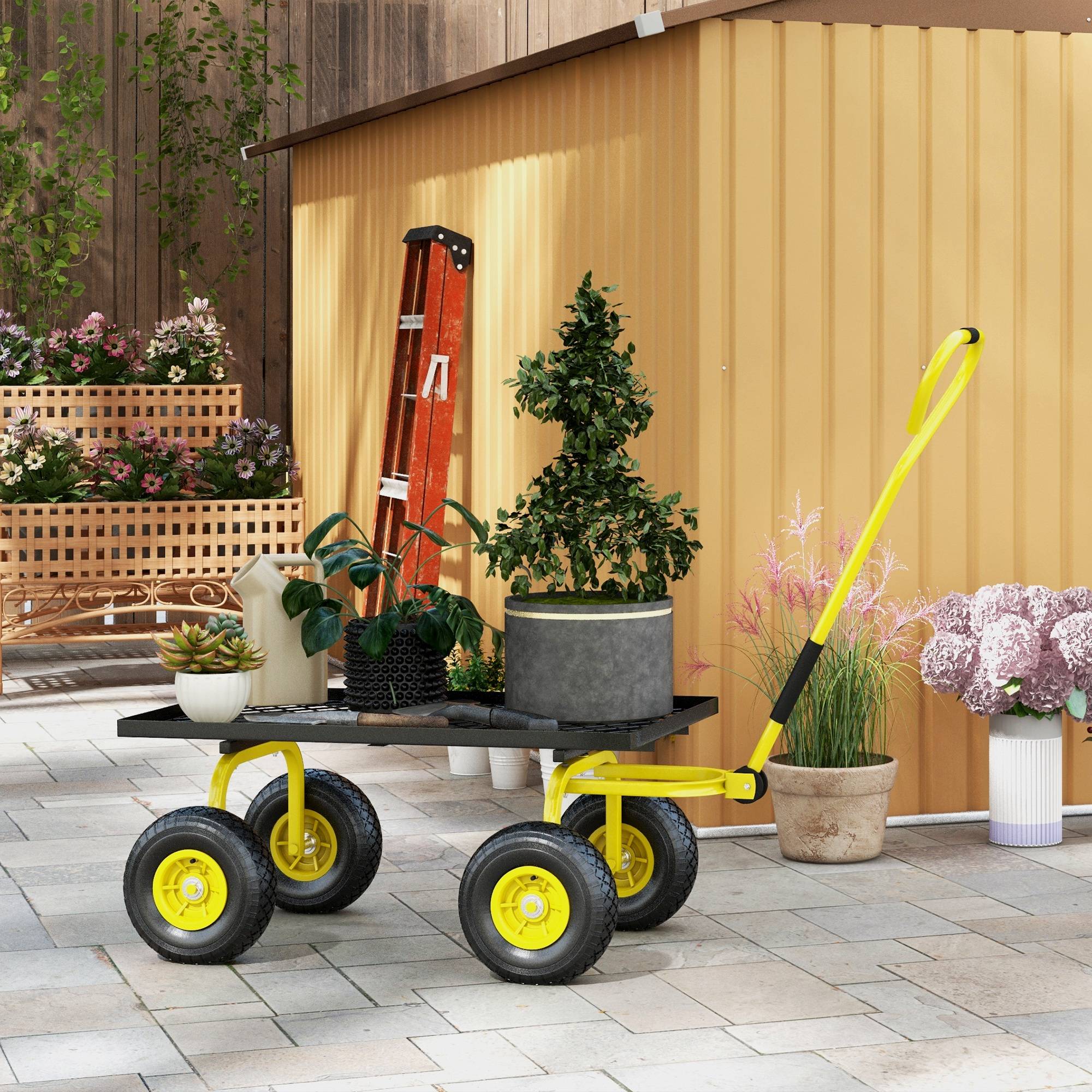 Chariot de jardin acier jaune 94 x 48.5 x 100 cm - PANGIVO - Image 4