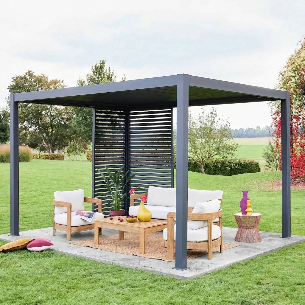 sweeek - Pergola bioclimatique aluminium 4x3m anthracite + 1 persienne 100cm + 1 persienne 130cm Triomphe | sweeek - Image 1