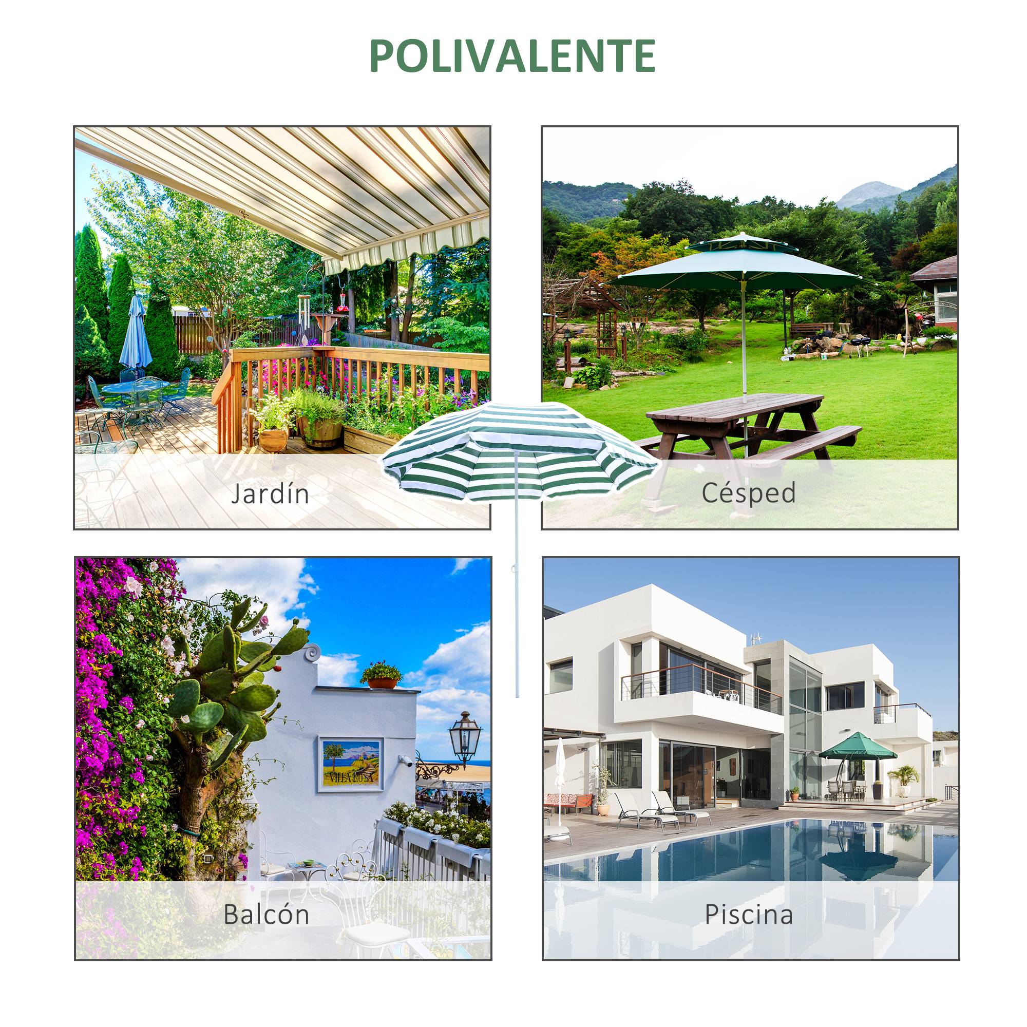 Parasol de plage Ø180 cm avec toit inclinable et mât en métal, protection solaire pour jardin, terrasse, extérieur, rayures vertes et blanches - Image 8