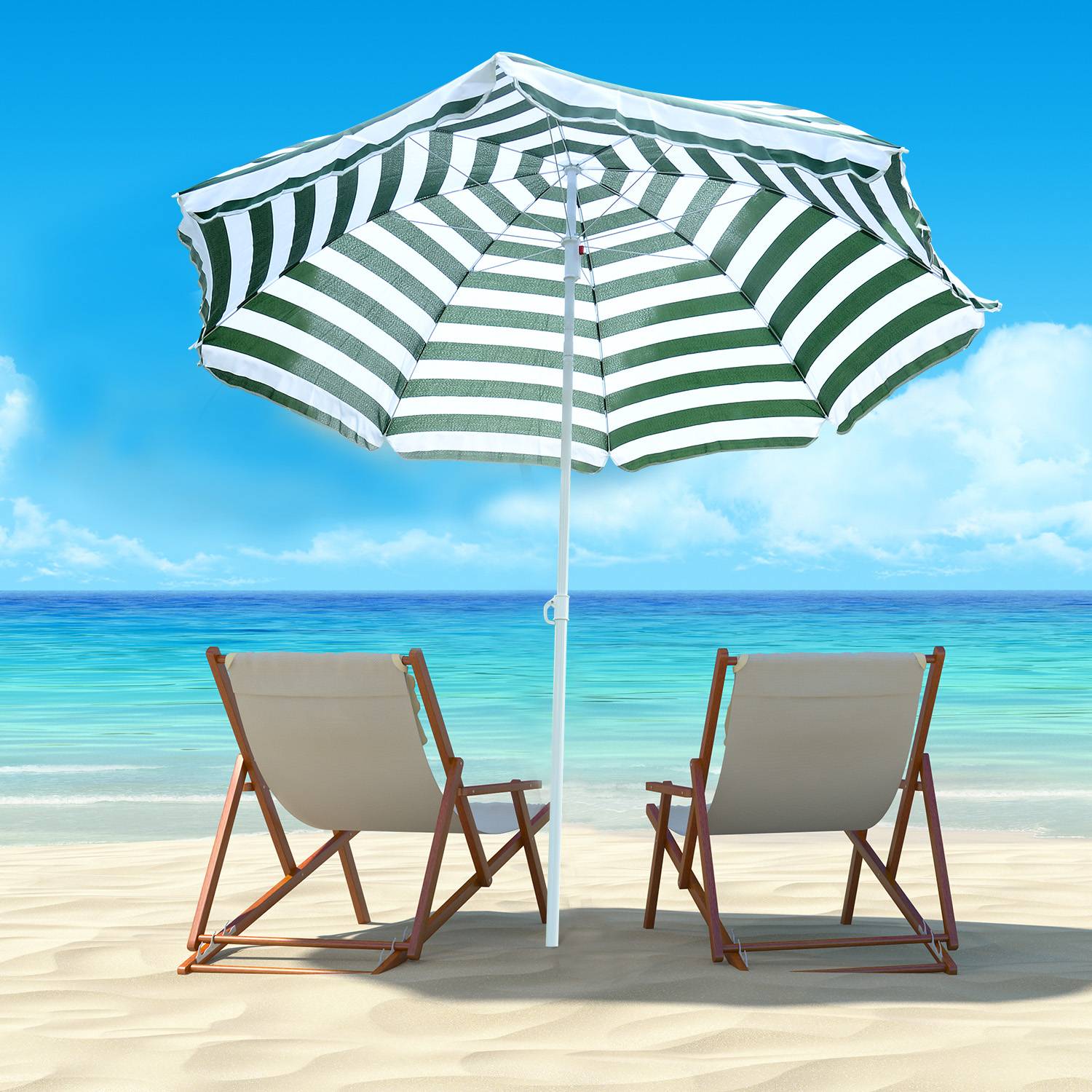 Parasol de plage Ø180 cm avec toit inclinable et mât en métal, protection solaire pour jardin, terrasse, extérieur, rayures vertes et blanches - Image 3