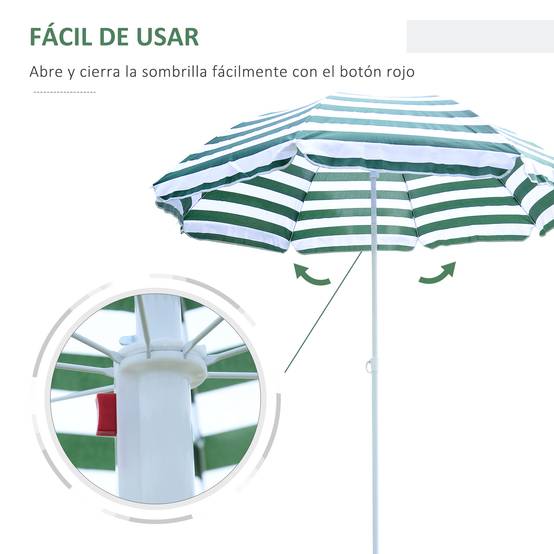 Parasol de plage Ø180 cm avec toit inclinable et mât en métal, protection solaire pour jardin, terrasse, extérieur, rayures vertes et blanches - Image 6