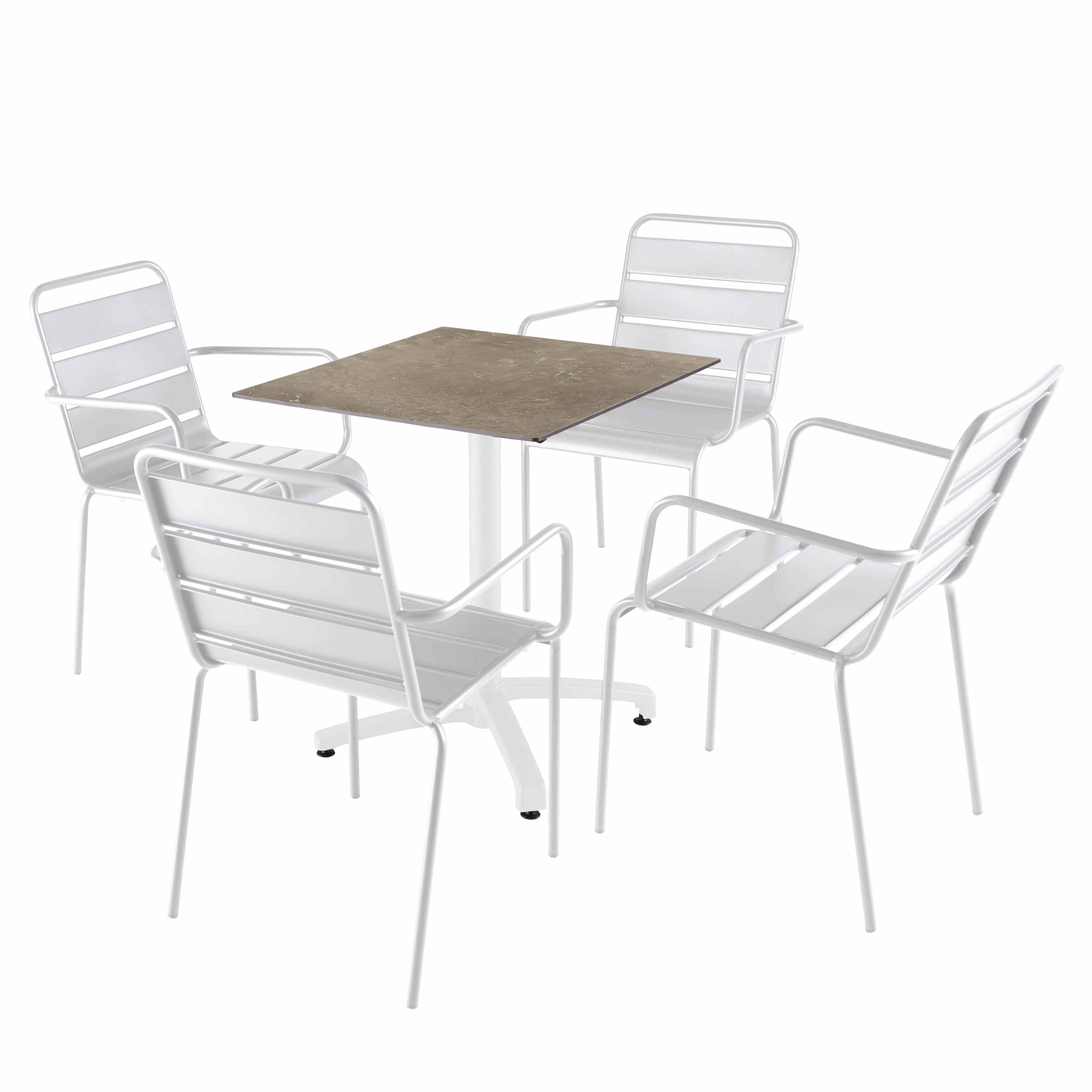 Oviala - Ensemble table 70 cm marbre beige et 4 chaises en métal blanc - Oviala - Image 1