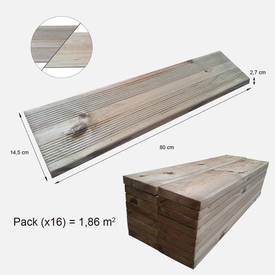 Pack 16 Lames terrasse bois autoclave 80 x 14,5 x 2,7 cm (Long.x larg. x épaisseur) 1 côté lisse / 1 rainuré - Image 2