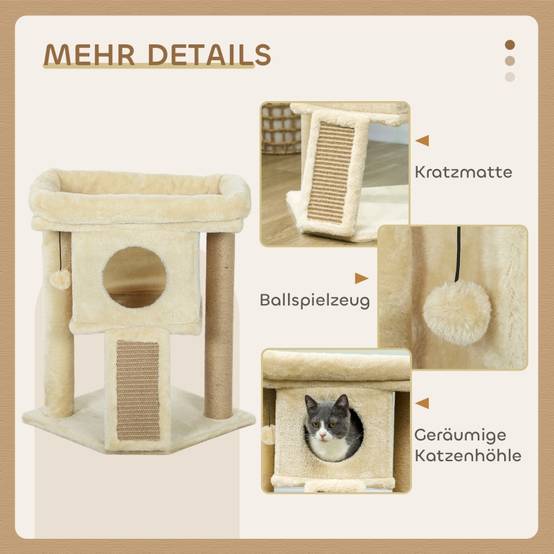 Arbre à chat bois peluche pour petits chats niche griffoir 40x40x57cm beige - ComfortXL Outdoor Living - Image 4