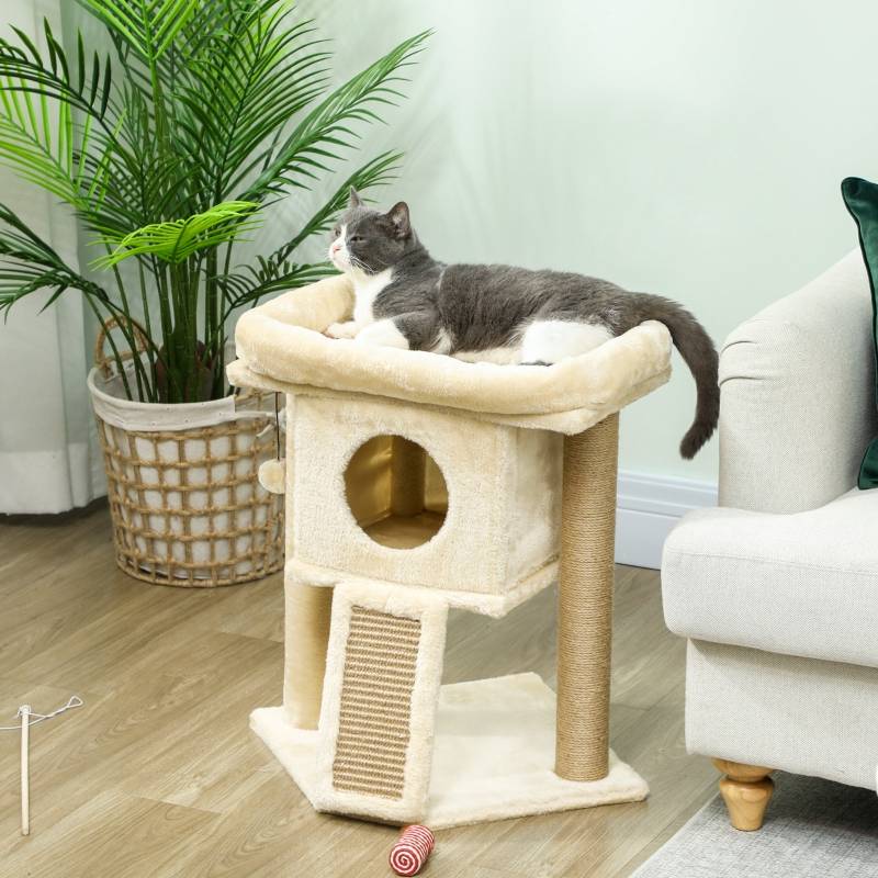 Arbre à chat bois peluche pour petits chats niche griffoir 40x40x57cm beige - ComfortXL Outdoor Living - Image 1