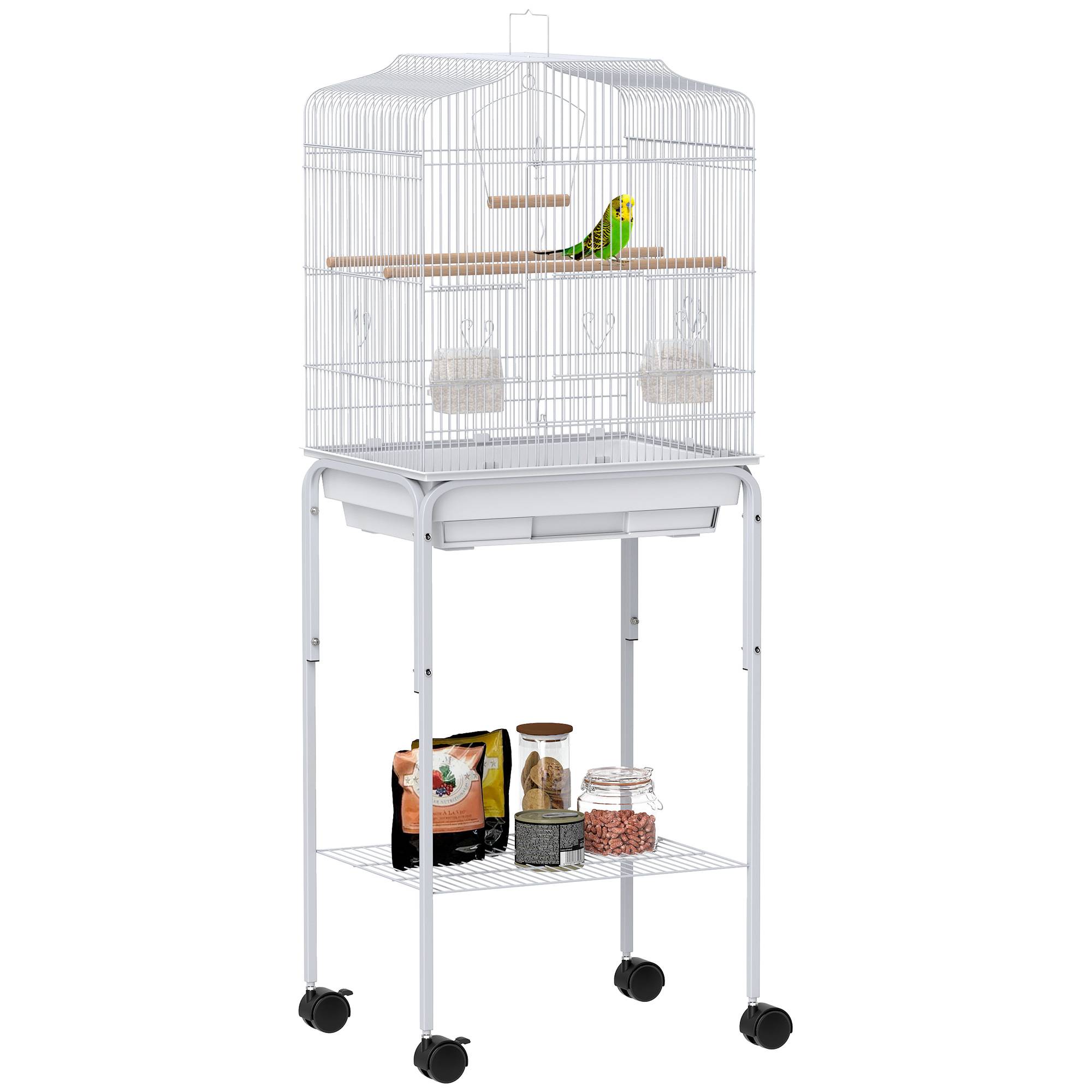 Cage à oiseaux à roulettes avec étagères et portes, 2 mangeoires, 2 perchoirs, plateau amovible, 46,5 x 36 x 124 cm, blanche - Image 1