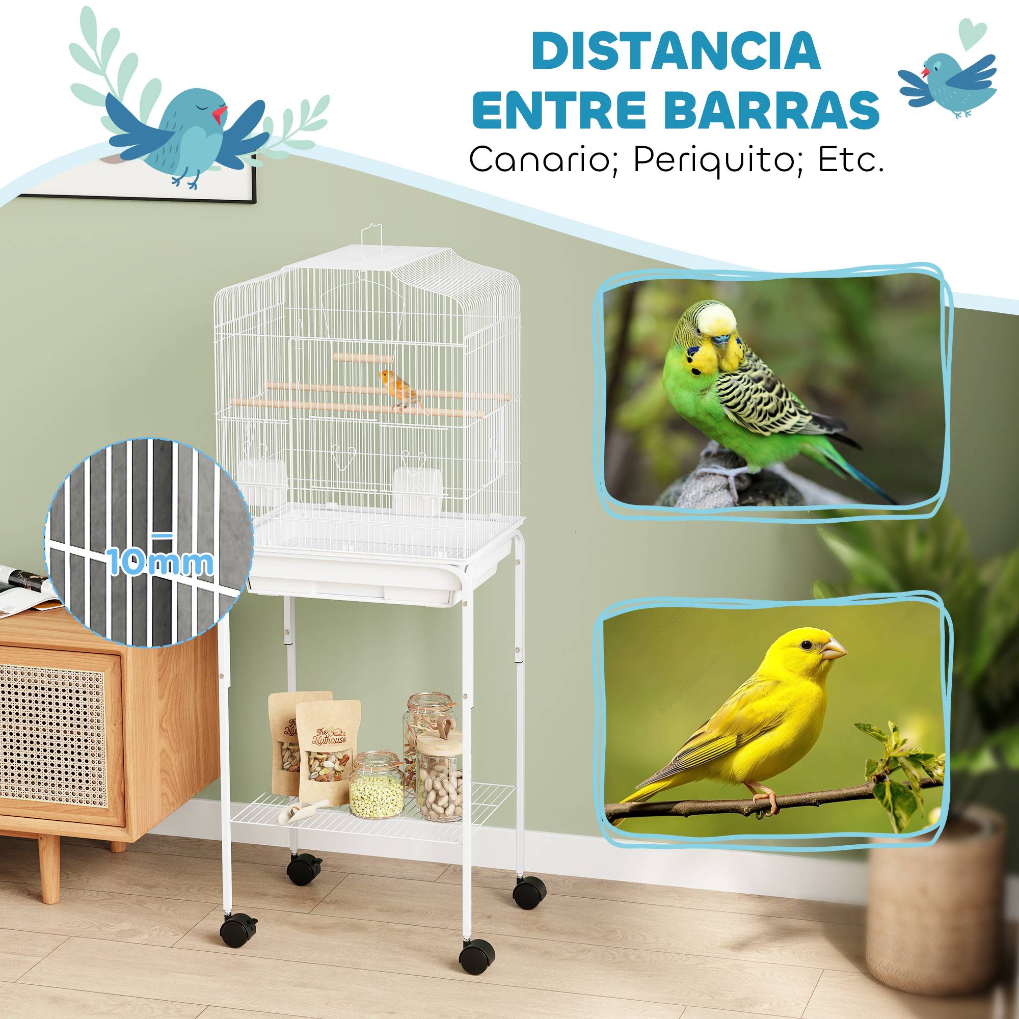 Cage à oiseaux à roulettes avec étagères et portes, 2 mangeoires, 2 perchoirs, plateau amovible, 46,5 x 36 x 124 cm, blanche - Image 8