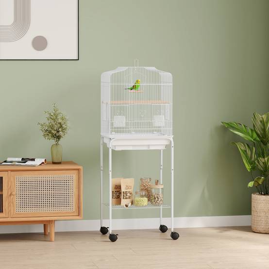 Cage à oiseaux à roulettes avec étagères et portes, 2 mangeoires, 2 perchoirs, plateau amovible, 46,5 x 36 x 124 cm, blanche - Image 4
