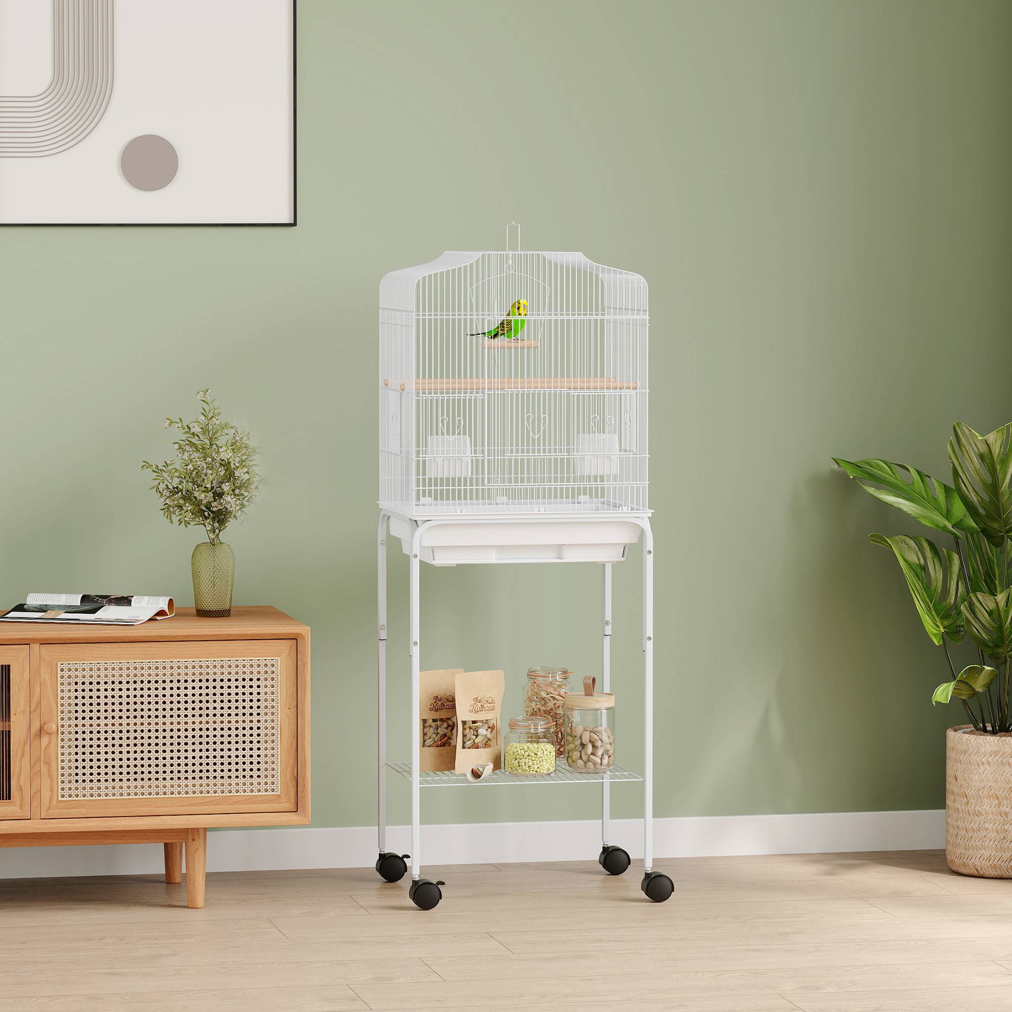 Cage à oiseaux à roulettes avec étagères et portes, 2 mangeoires, 2 perchoirs, plateau amovible, 46,5 x 36 x 124 cm, blanche - Image 4