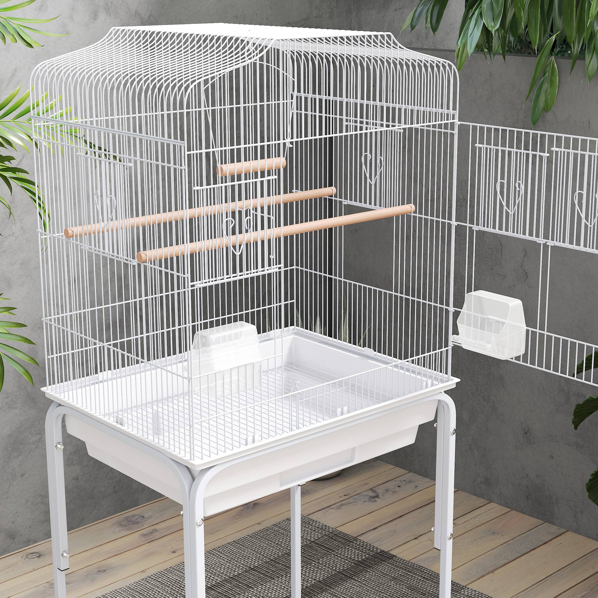 Cage à oiseaux à roulettes avec étagères et portes, 2 mangeoires, 2 perchoirs, plateau amovible, 46,5 x 36 x 124 cm, blanche - Image 9
