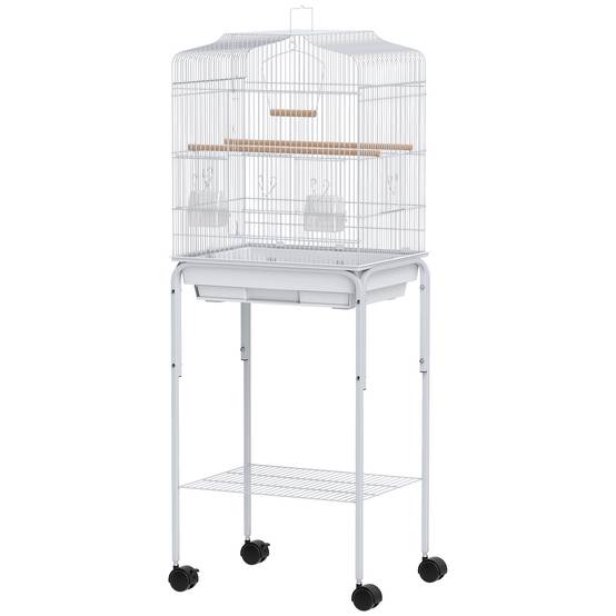 Cage à oiseaux à roulettes avec étagères et portes, 2 mangeoires, 2 perchoirs, plateau amovible, 46,5 x 36 x 124 cm, blanche - Image 2
