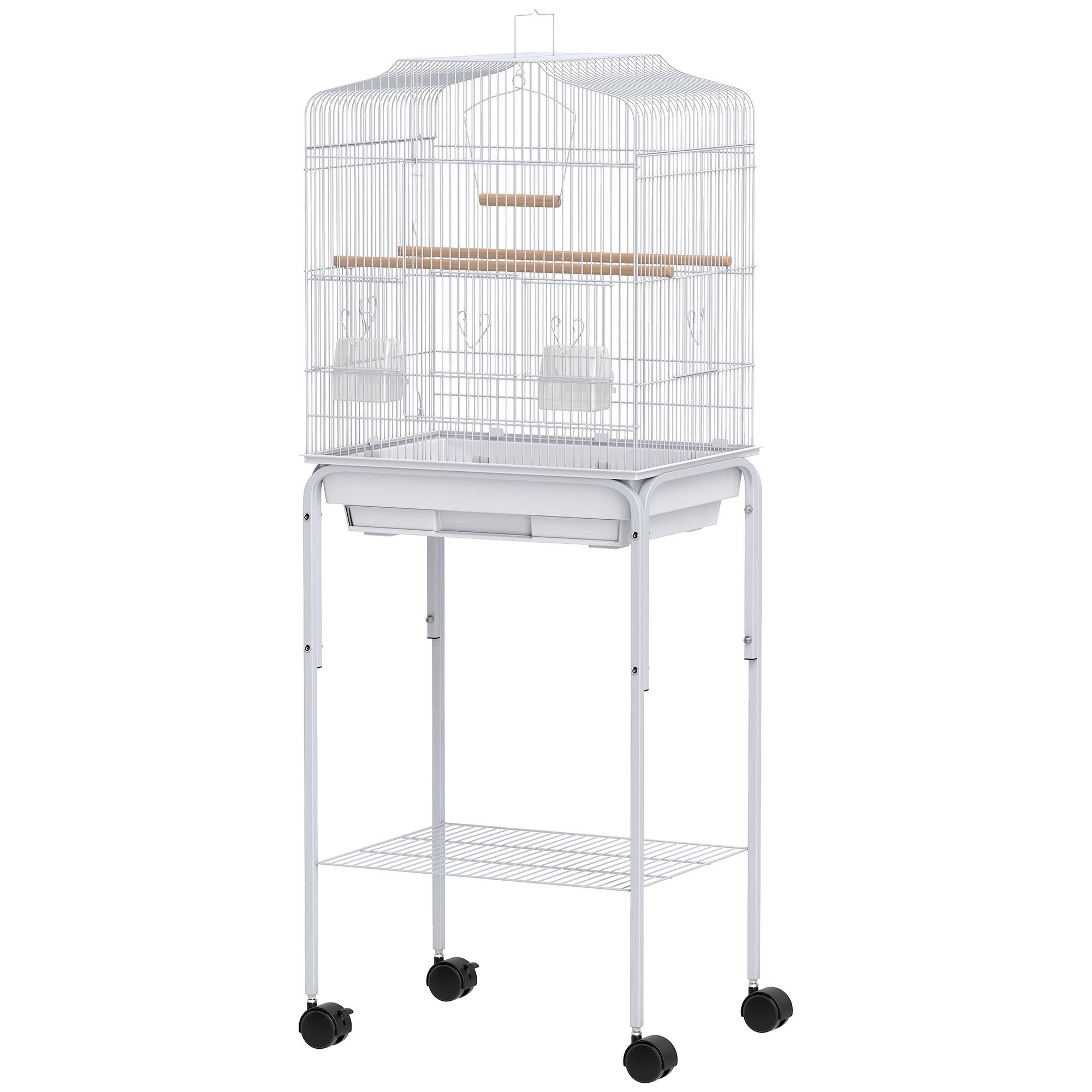 Cage à oiseaux à roulettes avec étagères et portes, 2 mangeoires, 2 perchoirs, plateau amovible, 46,5 x 36 x 124 cm, blanche - Image 2