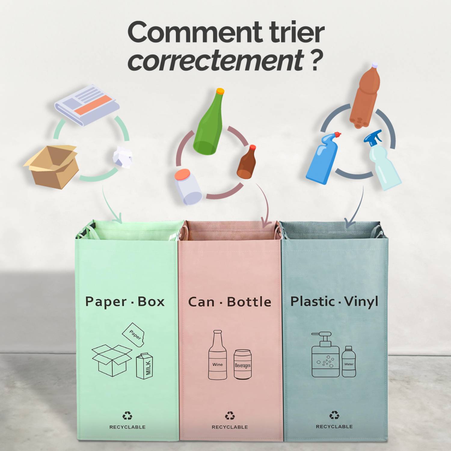 Linxor - Lot de 3 sacs de recyclage réutilisables pour tri sélectif - 160L - Linxor - Imagen 3