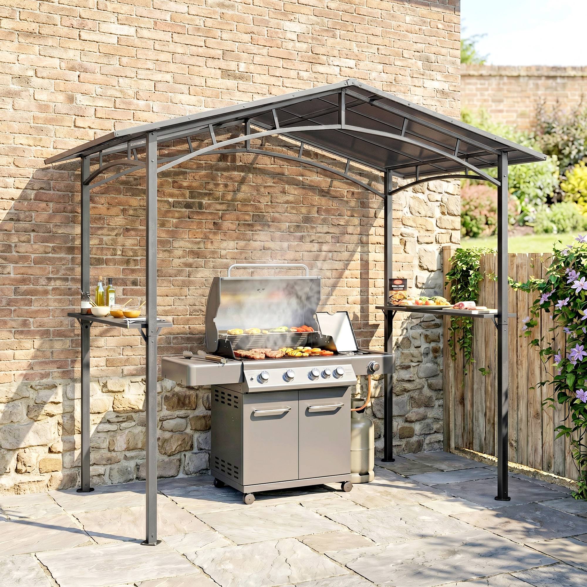 Pavillon jardin 2,5 x 1,5 m - abri barbecue - 2 étagères - toit de barbecue - métal noir toit polycarbonate - Image 3