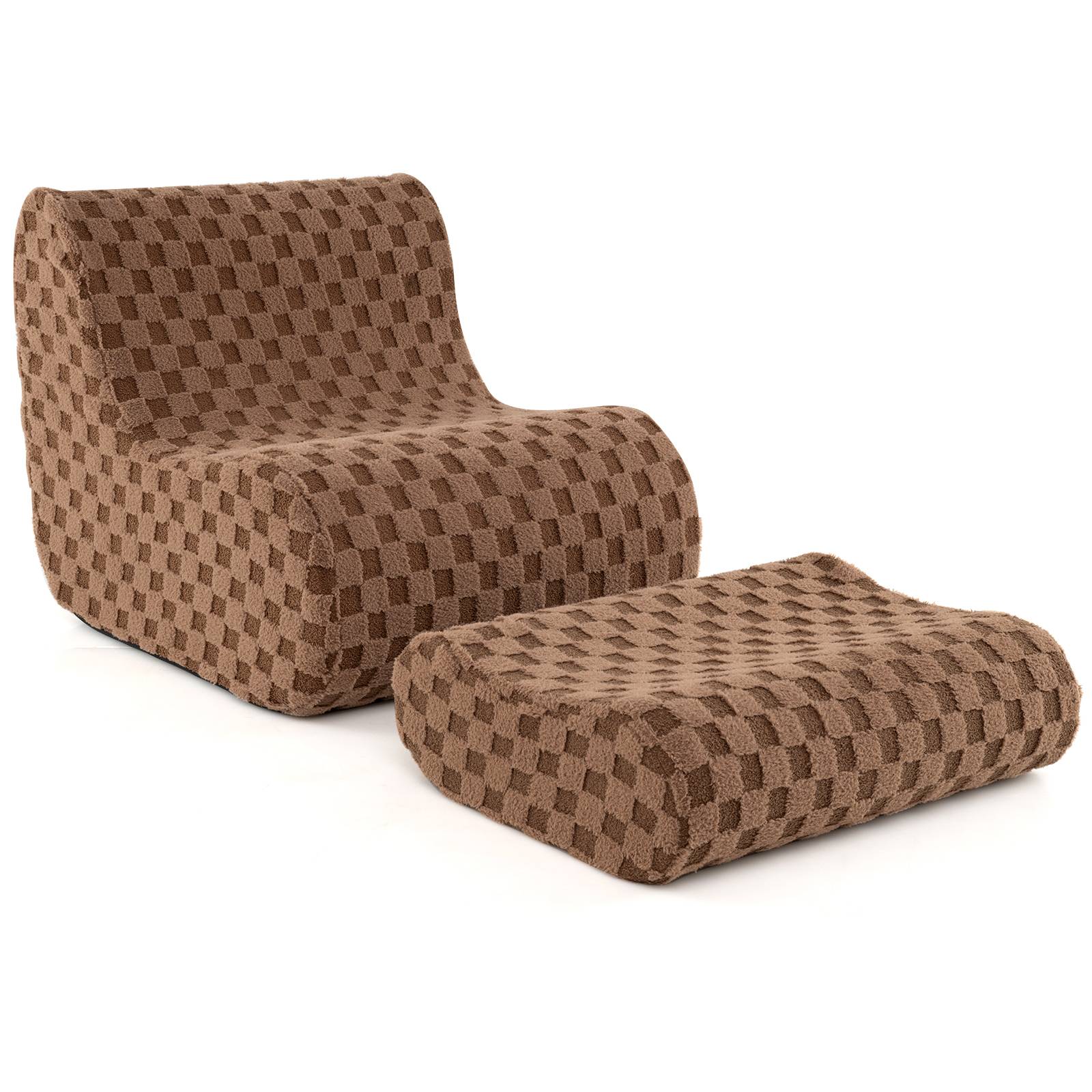 Costway - Fauteuil Pouf avec Ottoman, avec Éponge à Haute Élasticité, Fond Antidérapant & Housse en Velours Teddy Lavable en Machine, Marron