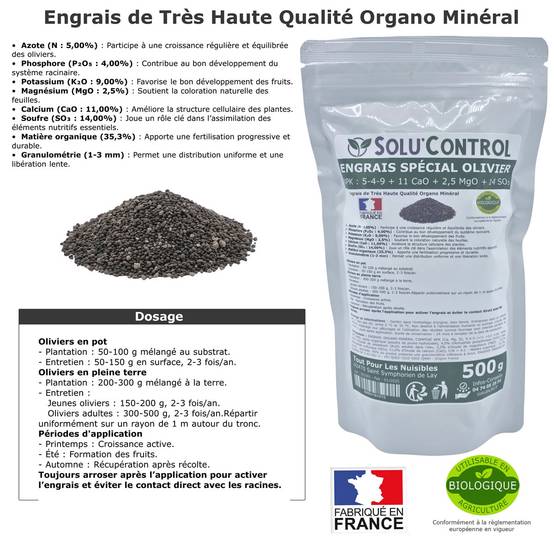 SOLU’CONTROL - ENGRAIS Spécial OLIVIER 500 g - Formulation haute qualité Organo-Minerale - NPK 5-4-9 - Utilisable en Agriculture BIOLOGIQUE - Image 2
