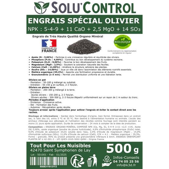 SOLU’CONTROL - ENGRAIS Spécial OLIVIER 500 g - Formulation haute qualité Organo-Minerale - NPK 5-4-9 - Utilisable en Agriculture BIOLOGIQUE - Image 3