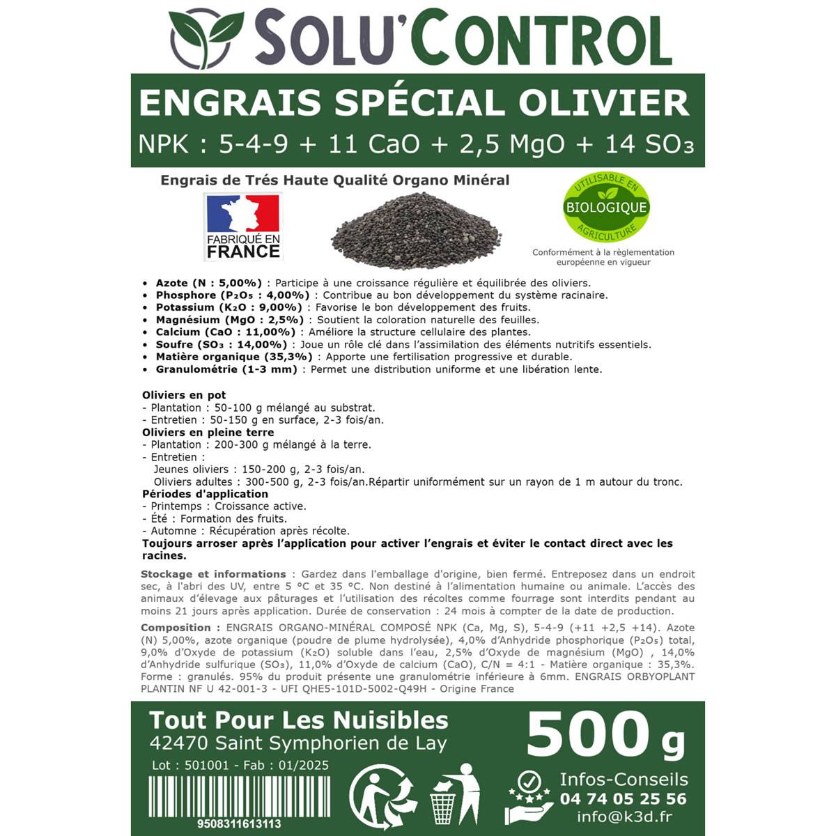 SOLU’CONTROL - ENGRAIS Spécial OLIVIER 500 g - Formulation haute qualité Organo-Minerale - NPK 5-4-9 - Utilisable en Agriculture BIOLOGIQUE - Image 3