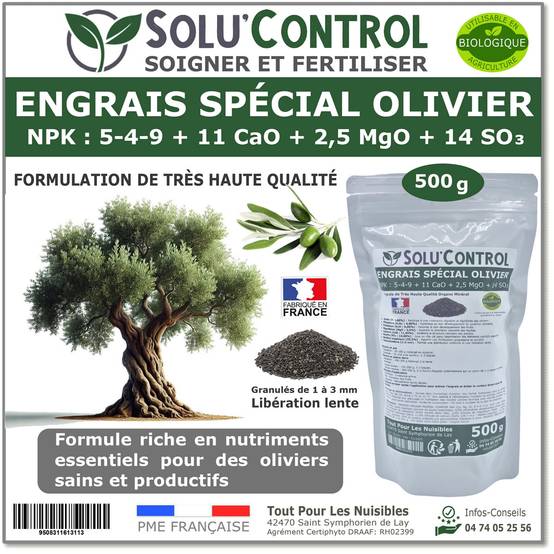 SOLU’CONTROL - ENGRAIS Spécial OLIVIER 500 g - Formulation haute qualité Organo-Minerale - NPK 5-4-9 - Utilisable en Agriculture BIOLOGIQUE - Image 1