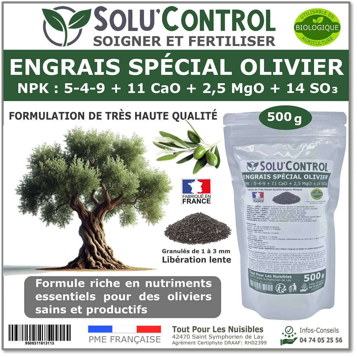 SOLU’CONTROL - ENGRAIS Spécial OLIVIER 500 g - Formulation haute qualité Organo-Minerale - NPK 5-4-9 - Utilisable en Agriculture BIOLOGIQUE - Image 1