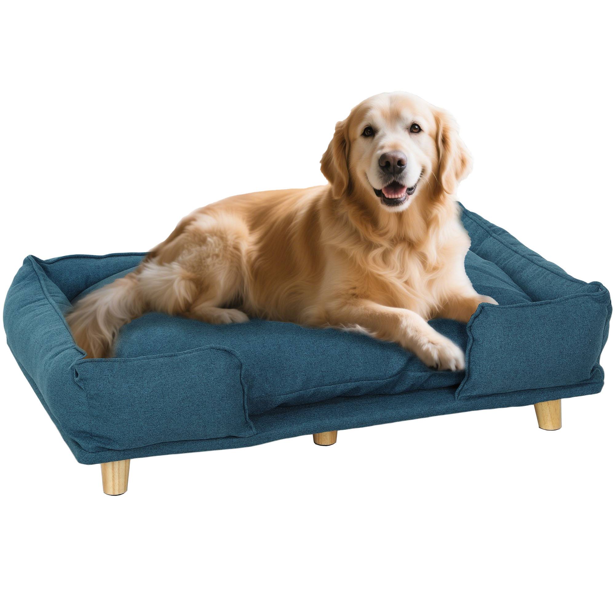 Canapé Lit pour Chien Surélevé en Bois avec Coussin Lavable 96x66x24 cm Bleu - ComfortXL Outdoor Living - Image 1