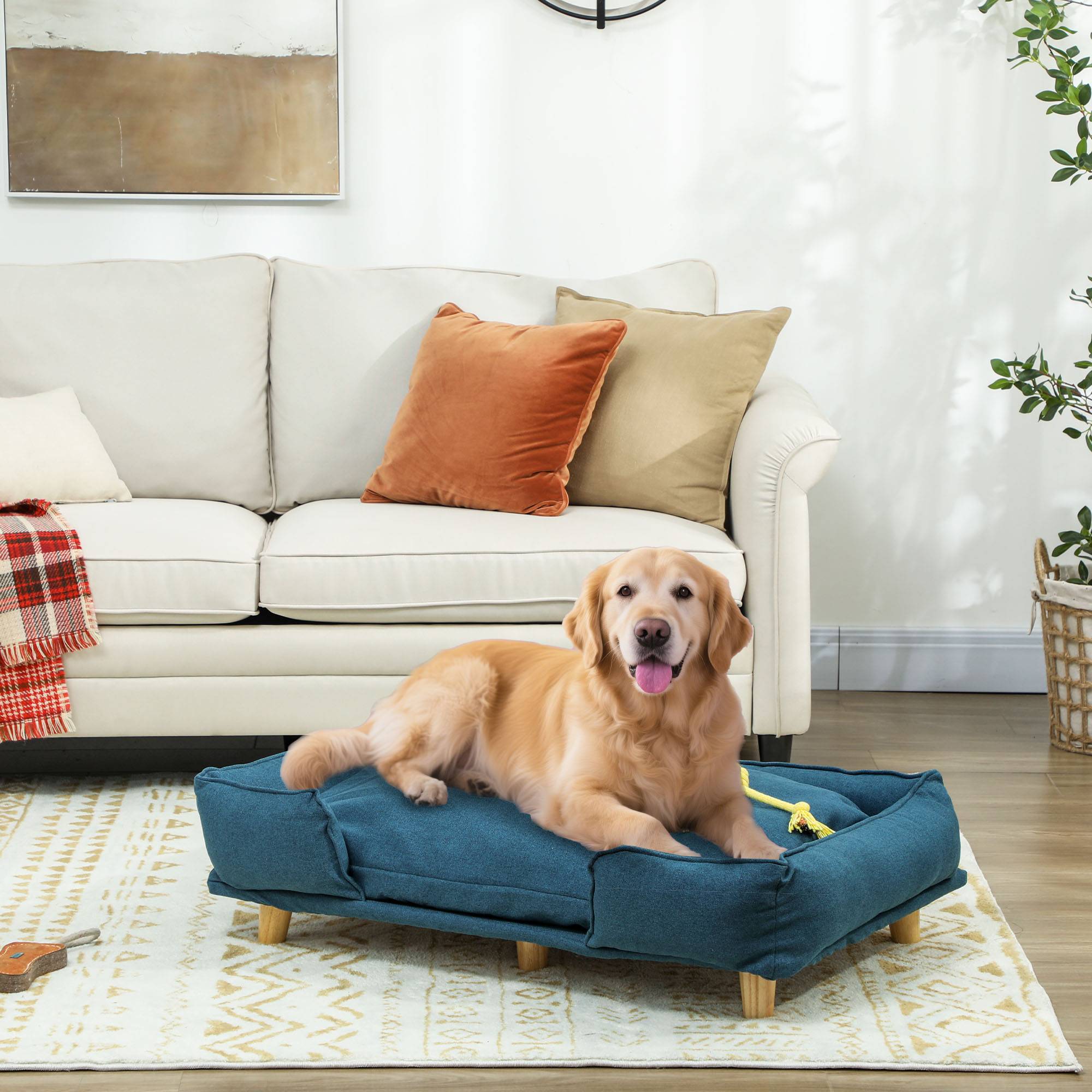 Canapé Lit pour Chien Surélevé en Bois avec Coussin Lavable 96x66x24 cm Bleu - ComfortXL Outdoor Living - Image 3