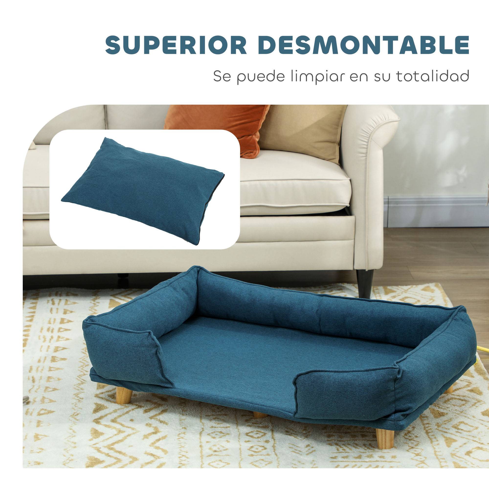 Canapé Lit pour Chien Surélevé en Bois avec Coussin Lavable 96x66x24 cm Bleu - ComfortXL Outdoor Living - Image 7