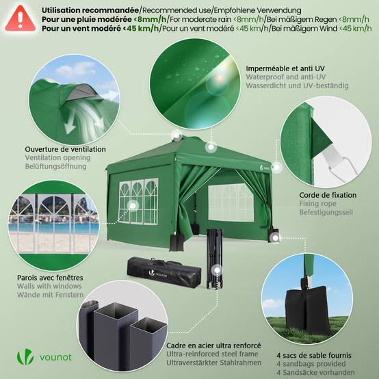 Vounot - VOUNOT® Tonnelle de jardin 3x3m pliable installation facile POP UP avec portes et fenêtres - Imperméable et anti-UV - Vert - Image 5