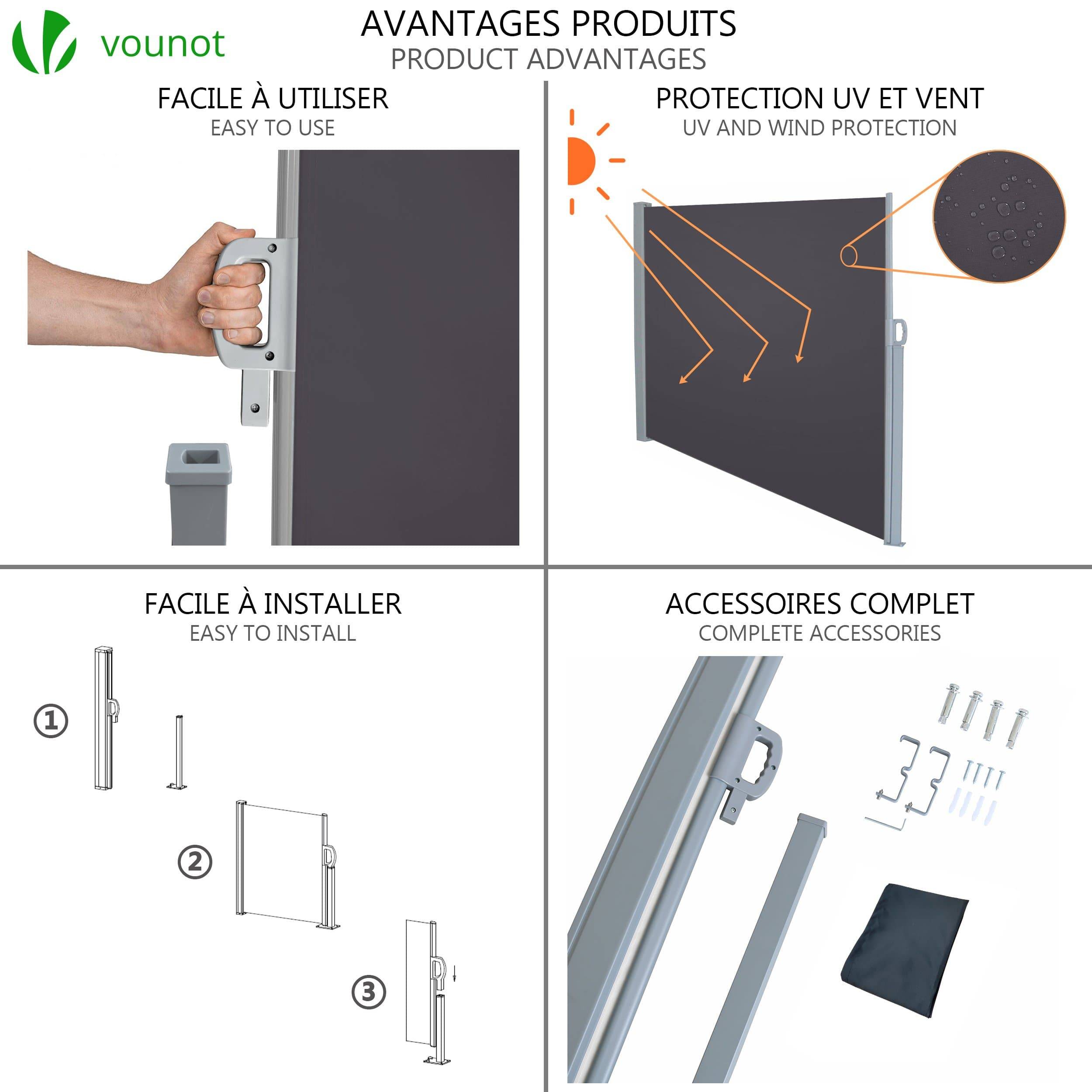 VOUNOT® Paravent extérieur rétractable 140x300cm avec housse de protection - Noir anthracite - Store latéral vertical brise-vue - Image 3