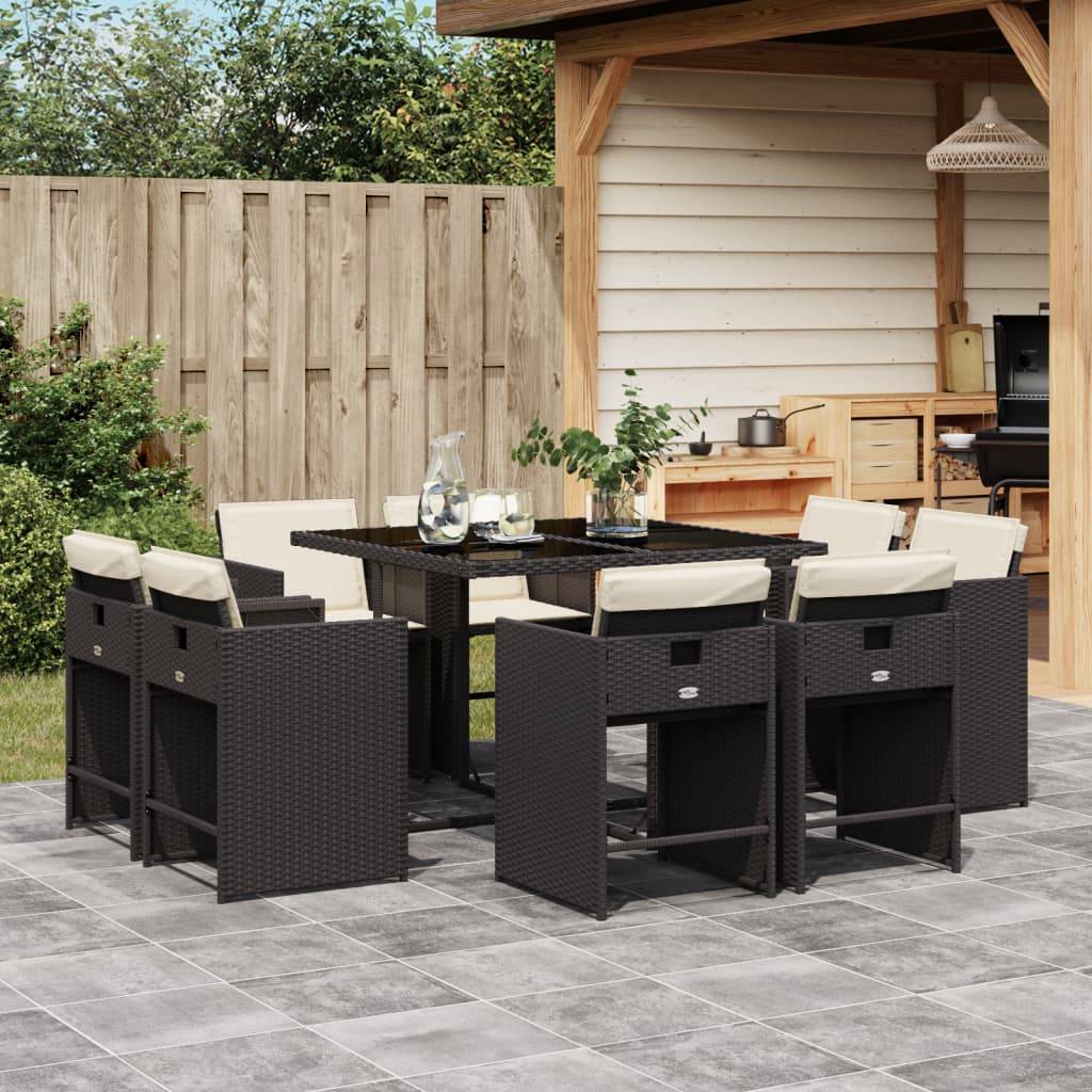 Salon de Jardin Encastrable 8 Personnes Résine Noire, Rangement Compact sous Table Plateau Verre, Coussins Inclus – ComfortXL Outdoor Living