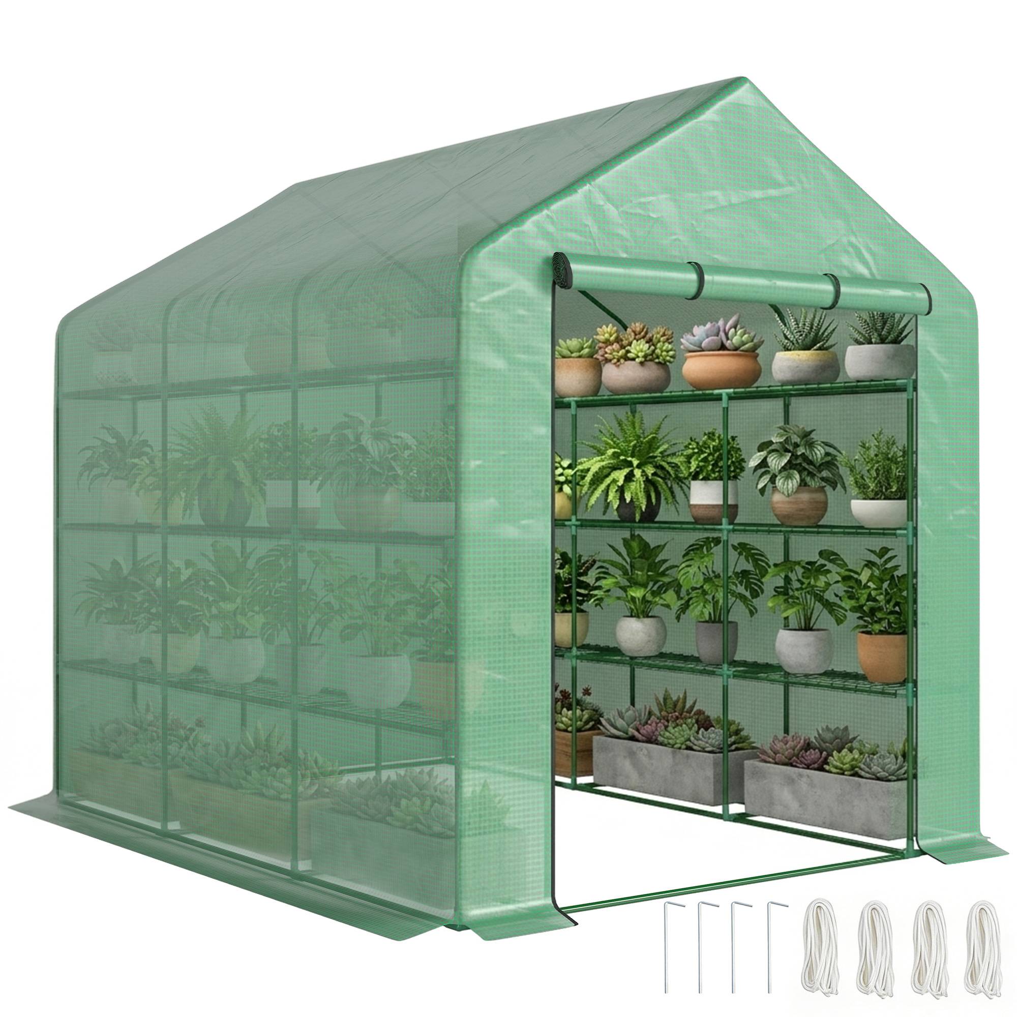 Serre de jardin serre d'hivernage avec étagères 3 niveaux porte enroulable tube en acier 244 x 180 x 210 cm vert - Image 1