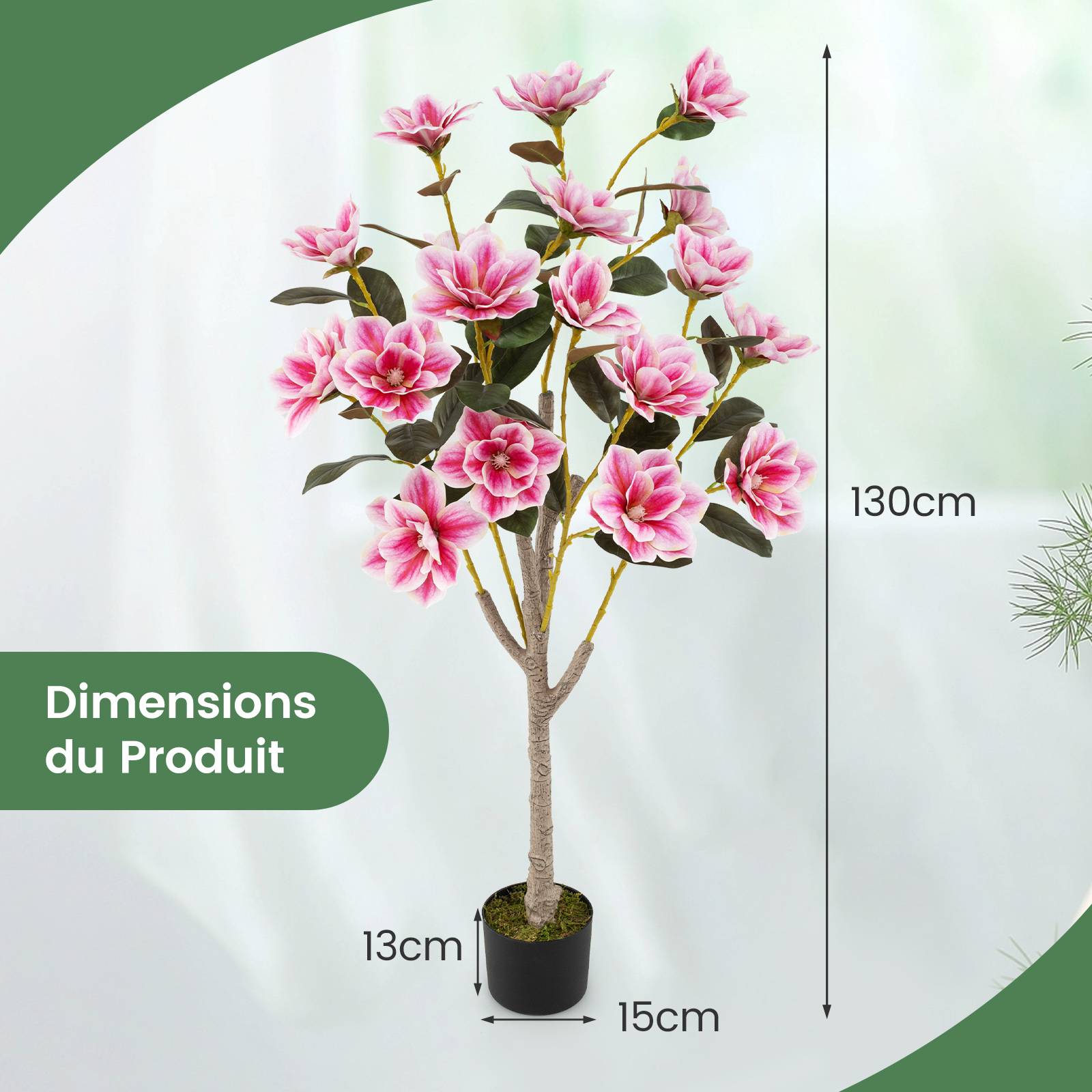 Arbre de Magnolia Artificiel de 130 cm, Fausse Fleur avec Feuilles en PEVA Elégantes, Troncs Multi-Branches, Mousse Réaliste - Image 2