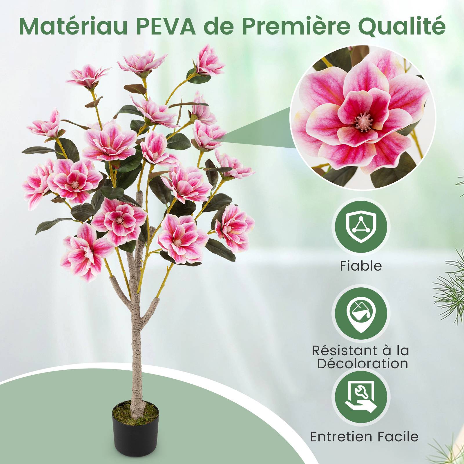Arbre de Magnolia Artificiel de 130 cm, Fausse Fleur avec Feuilles en PEVA Elégantes, Troncs Multi-Branches, Mousse Réaliste - Image 5
