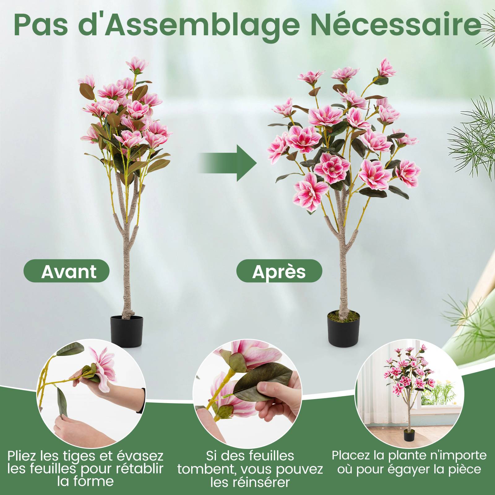 Arbre de Magnolia Artificiel de 130 cm, Fausse Fleur avec Feuilles en PEVA Elégantes, Troncs Multi-Branches, Mousse Réaliste - Image 3
