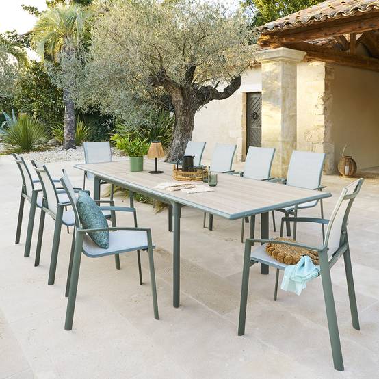 Hesperide - Table de jardin "Dilors" effet bois lin & vert laurier 10 places en aluminium - Hespéride - Image 1