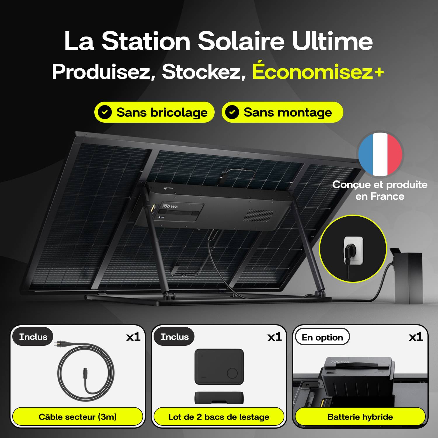 Sunology PLAY Max - Panneau solaire avec batterie (en option) 450W bifacial – Station solaire livrée assemblée – Installation au sol ou au mur - Imagen 2