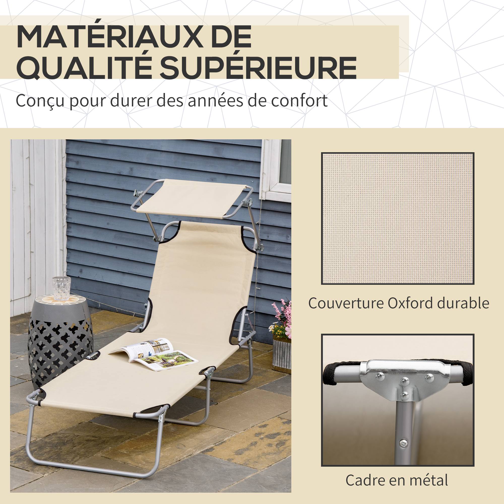 Outsunny - Transat bain de soleil pliable grand confort dossier et pare-soleil réglable multi-positions beige - Outsunny - Imagen 7