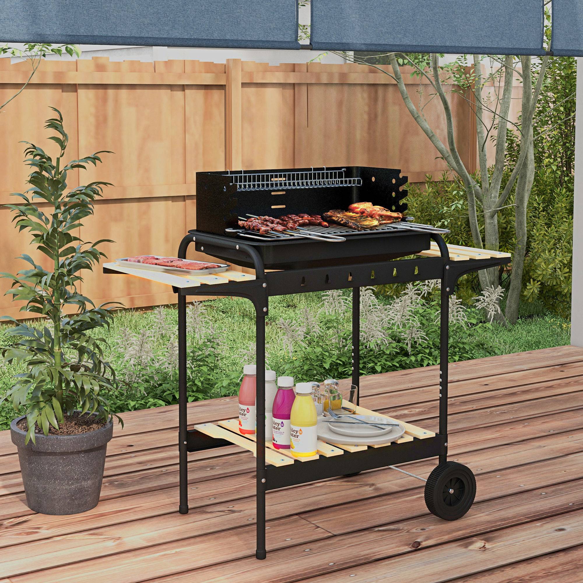 Barbecue charbon métal pour jardin et terrasse grille réglable noir 103x47x95cm - ComfortXL Outdoor Living - Image 1