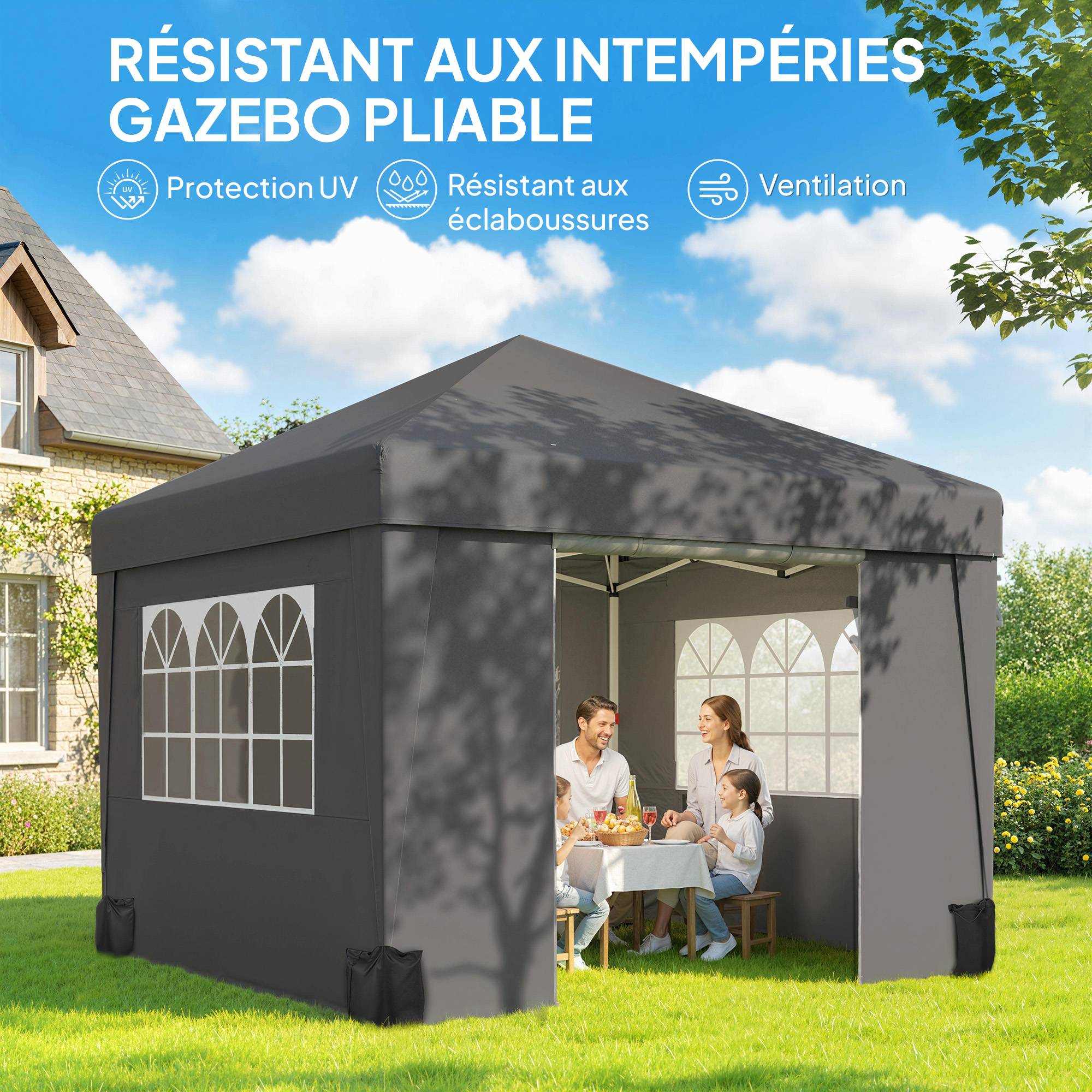 ComfortXL - Tonnelle de jardin pliante Oxford pour camping fenêtres lumineuses 3x3m gris foncé - ComfortXL Outdoor Living - Image 7