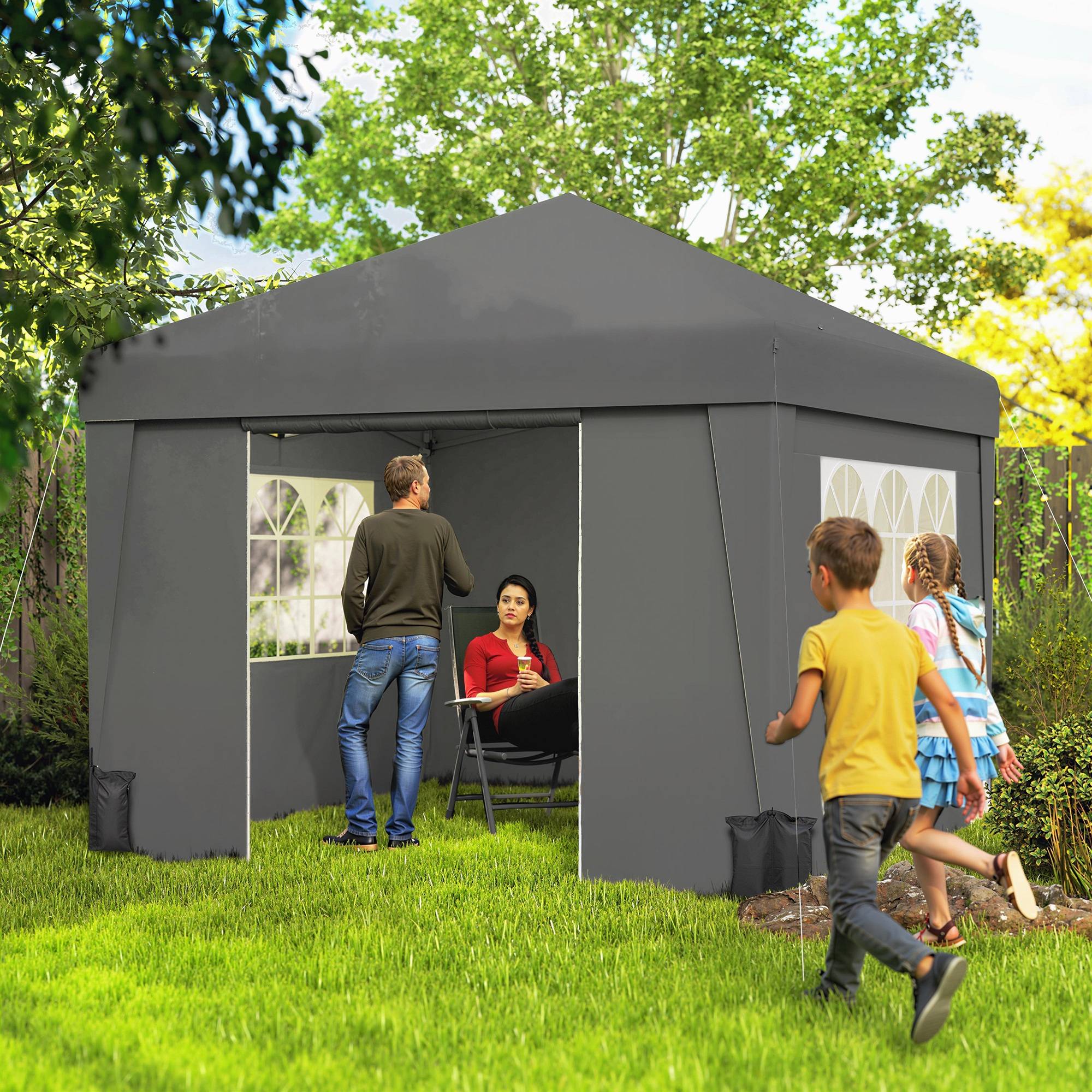 ComfortXL - Tonnelle de jardin pliante Oxford pour camping fenêtres lumineuses 3x3m gris foncé - ComfortXL Outdoor Living - Image 3