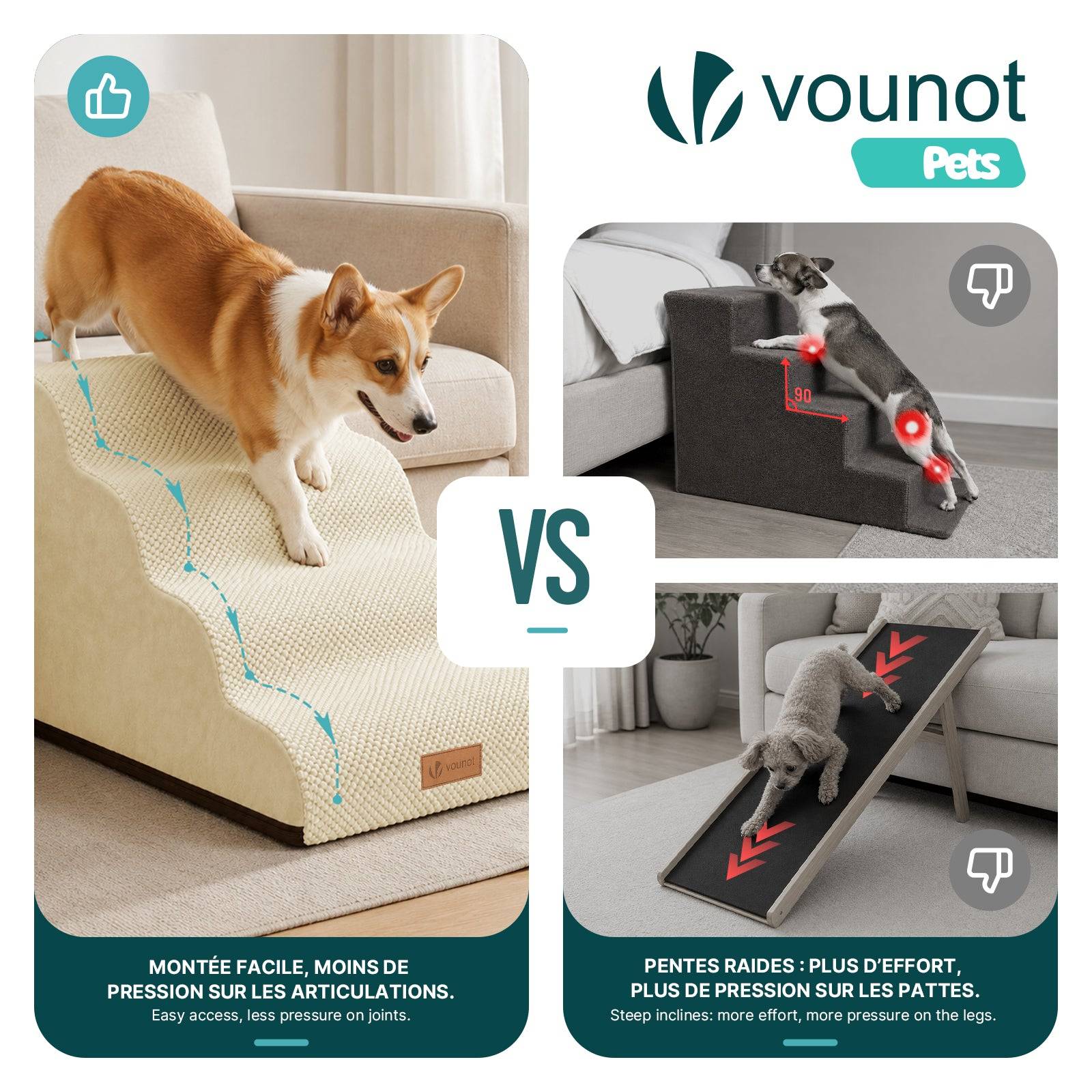 Vounot - Escalier pour chien et chat en mousse haute densite et housse lavable 72x40x50cm beige - Image 6