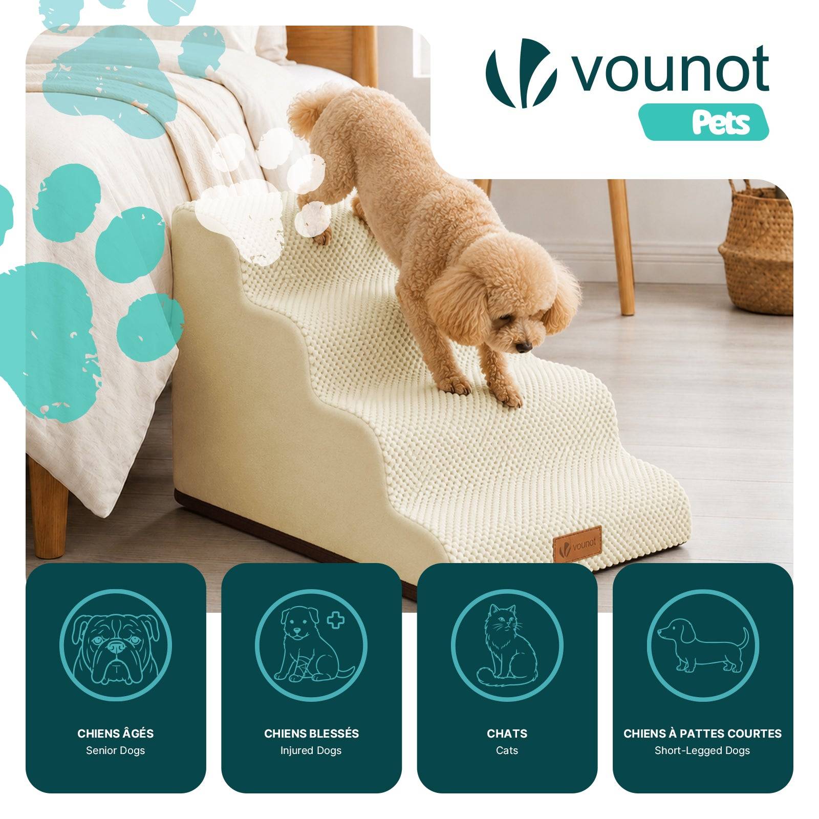 Vounot - Escalier pour chien et chat en mousse haute densite et housse lavable 72x40x50cm beige - Image 2